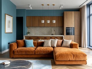 A chic living room with a rusty-toned sofa, soft blue accents on the walls, natural wood cabinetry, and smooth wood parquet flooring