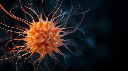 Obraz premium Close-up of an orange microbe with intricate tentacles against a dark background.