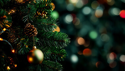 Obraz premium Close-up of a decorated Christmas tree with ornaments and blurred festive lights in the background.