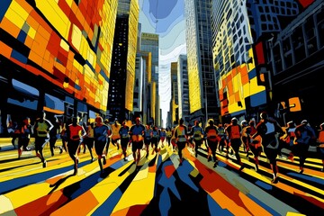 Obraz premium New York City Marathon. World Marathon Majors. People run a marathon in sportswear. Promotion of sports and a healthy lifestyle. Long distance running.
