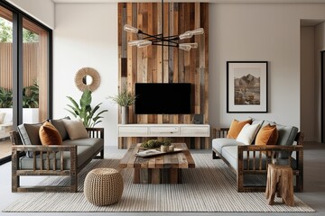 Minimalist Interior Design Showcase with Reclaimed Wood Furniture and 3D Visualization Techniques