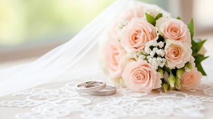 Obraz premium A beautiful wedding bouquet featuring pink roses, delicate white flowers, and elegant silver wedding rings on a lace tablecloth, capturing the essence of romance and celebration.