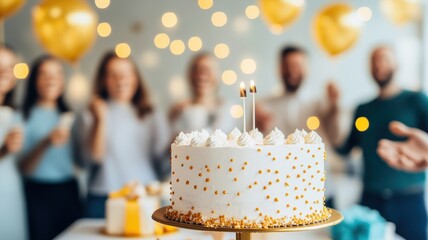 A beautiful birthday cake with candles on a festive table, surrounded by happy people celebrating. Golden balloons and sparkling decorations add to the joyful atmosphere.