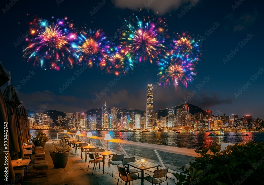 Poster nighttime view of hong kong skyline with fireworks over water and an outdoor patio with tables and c