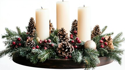 A Christmas table with candles, pinecones, and a holiday centerpiece on a transparent background. 