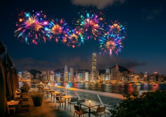 Nighttime view of Hong Kong skyline with fireworks over water and an outdoor patio with tables and...