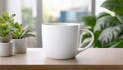 cup of coffee, White ceramic cup set-up in at home interior, mug mock up blank.