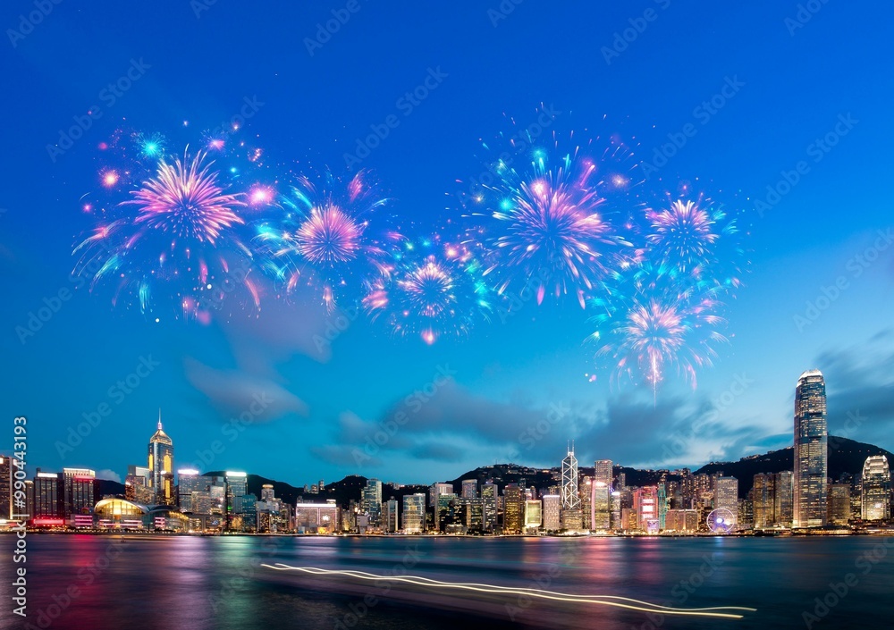 Poster nighttime fireworks display over a cityscape.