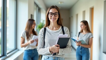 Smiling College Student in Casual Orange T-Shirt Holding Books and Backpack Against Green Background