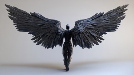 A woman with large black feathered wings standing on a white background, seen from behind.