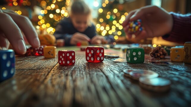 Family playing board game with colorful dice on rustic wooden table, festive Christmas lights in background creating cozy holiday atmosphere.