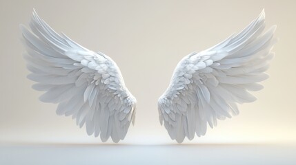 Fototapeta premium A pair of white angel wings against a white background.