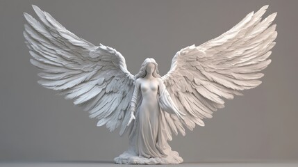 Fototapeta premium White angel statue with large wings on a grey background.