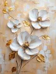 White flowers on a beige and gold background, oil painting on canvas with a palette knife..
