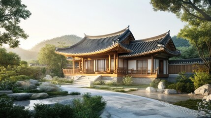 Traditional Japanese house with a stone path and pond in a serene garden setting.