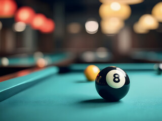 A close-up of an eight ball on a pool table under warm ambient lighting in a lively bar at night