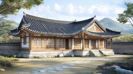 Traditional Korean house with wooden walls and tiled roof.
