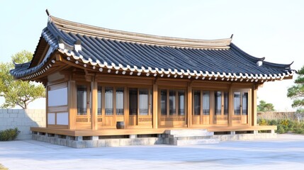 Traditional Korean wooden house with tiled roof and a patio in front.