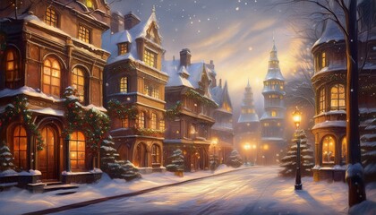 Fototapeta premium A Victorian-style painting showcasing a classic winter cityscape, featuring intricately detailed windows adorned with ornate decorations