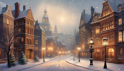 Fototapeta premium A Victorian-style painting showcasing a classic winter cityscape, featuring intricately detailed windows adorned with ornate decorations