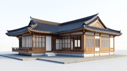 Obraz premium Traditional Asian house with curved roof and wooden windows.