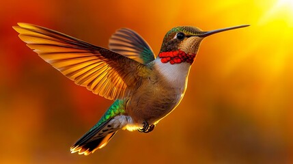 Fototapeta premium A hummingbird flying through the air with its wings spread