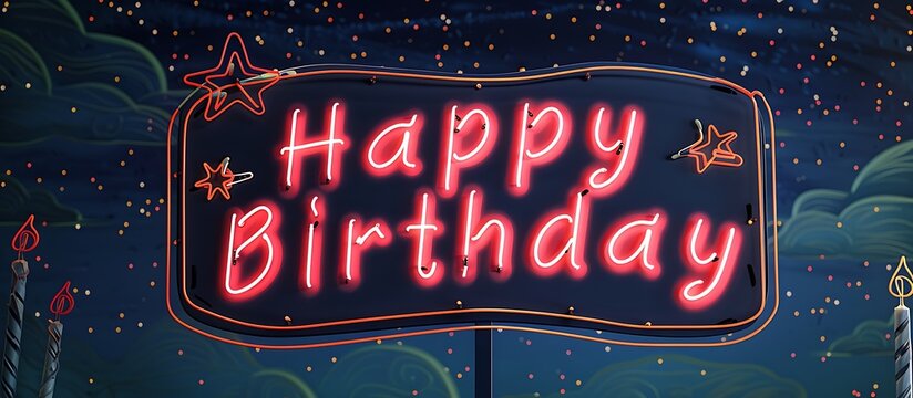 A birthday card featuring a neon light "Happy Birthday" sign against a starry night sky, evoking a magical atmosphere. - Powered by Adobe