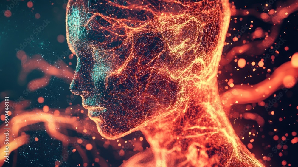 Poster abstract digital human profile made of glowing particles and lines on a dark background.