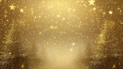 A golden background with elegant Christmas tree silhouettes and stars on a transparent background. 