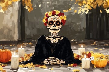 Illustration with a girl and a skull on the theme of the Día de Muertos. Day of the Dead is one of the most vibrant and original holidays in Mexico. A great reason to laugh at Death and actively enjoy