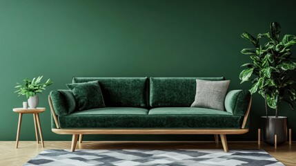 Green velvet sofa with wooden legs in front of a green wall with a rug and two plants in a living room.