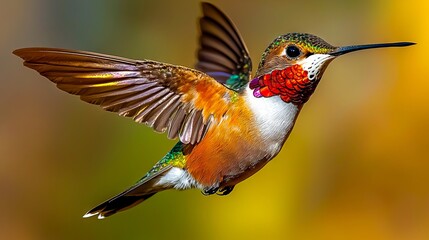 Fototapeta premium A hummingbird flying through the air with its wings spread
