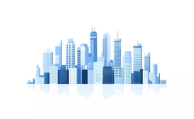A simple vector illustration of a cityscape, featuring buildings in a blue and white color palette, with a flat design on a white background.