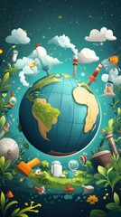 Naklejka premium The globe is surrounded by symbols illustrating pollution and conservation efforts in contrast
