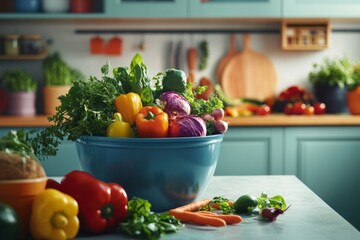 A colorful bowl filled with fresh vegetables sits on a kitchen counter. Bright peppers and greens showcase health and vitality. Ideal for food lovers and chefs. Generative AI