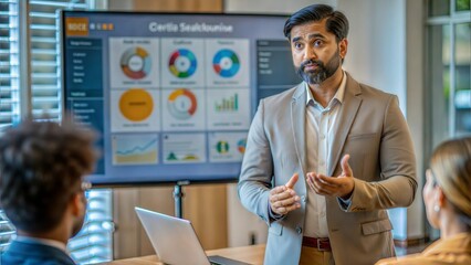 An Indian male executive presenting strategies on a digital screen.
