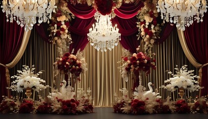 Obraz premium red and white flowers A luxurious wedding backdrop with crystal chandeliers, velvet drapes, and cascading floral arrangements in rich tones of burgundy and gold