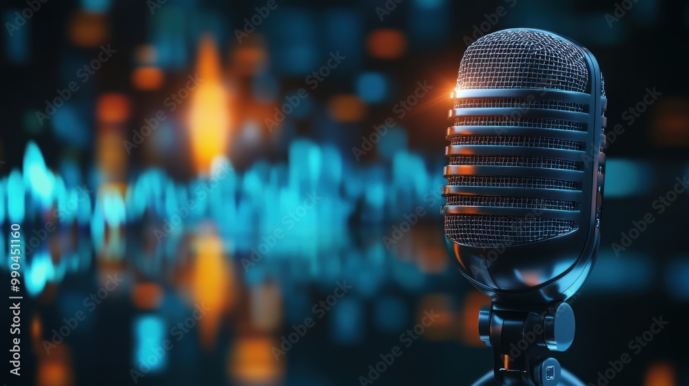 Canvas Prints close-up of a vintage microphone in front of a blurred colorful background.