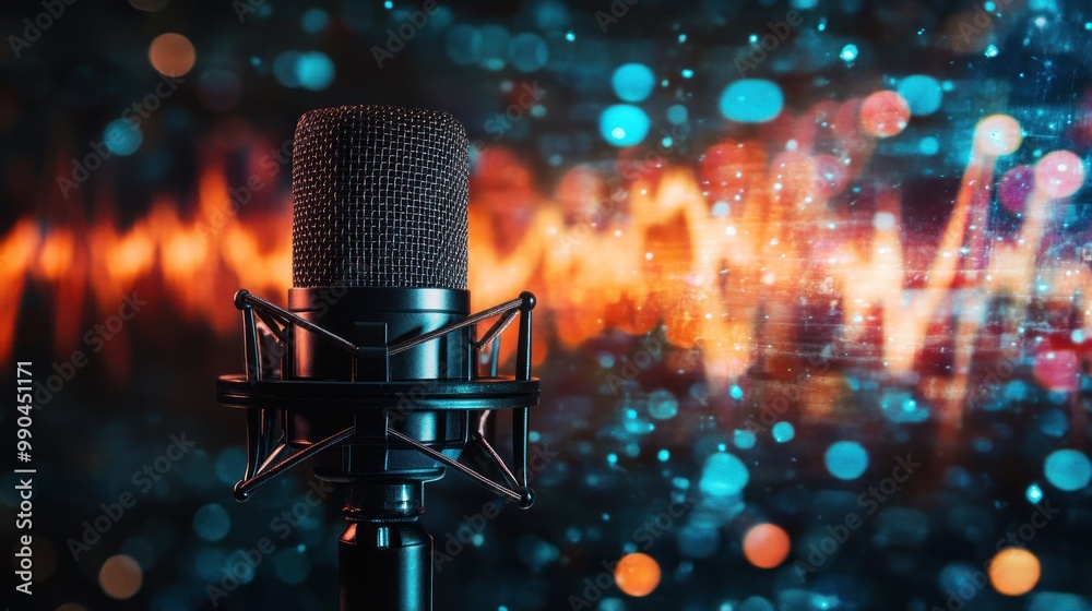 Canvas Prints a professional microphone against a background of colorful bokeh lights.