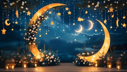 night scene with stars and moon A celestial-themed wedding backdrop featuring a night sky mural, hanging stars, and a crescent moon arch, perfect for a magical evening ceremony.