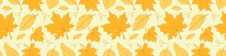 Seamless pattern falling leaves. Vector autumn yellow golden texture isolated, flat doodle style, outline. Concept of forest, leaf fall, nature, seasons
