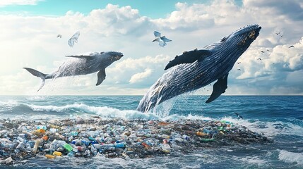 Naklejka premium Two Whales Leaping Over a Sea of Plastic Pollution