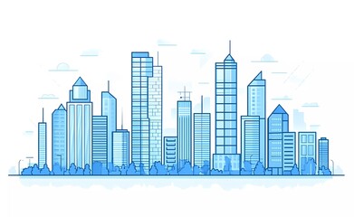 Blue city buildings, skyline vector illustration with white background. Modern architecture of urban landscape with a simple, minimalistic flat design of a town in a line art style