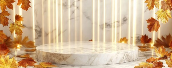 Elegant marble display with autumn leaves, soft lighting creating a warm atmosphere for showcasing products or art