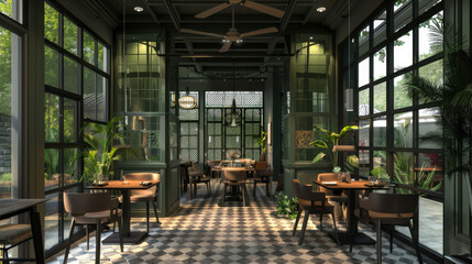 Elegant dining area in a contemporary restaurant featuring lush greenery and decorative art