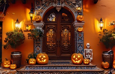 Obraz premium Spooky Halloween entrance with pumpkins and skeleton welcoming guests