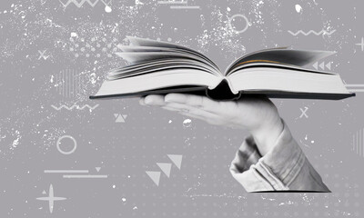 A hand holding an open book with graphical shapes on an abstract background.