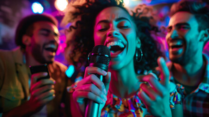 A group of friends cheers as a woman sings into a microphone, surrounded by colorful lights and an energetic atmosphere during a karaoke night.