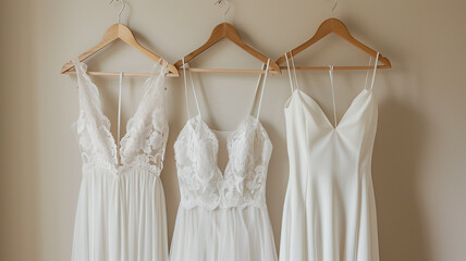 elegant wedding dresses hanging on a rack, perfect for bridal boutiques and wedding planners.