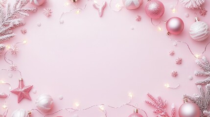 A pastel pink background with Christmas decorations and fairy lights on a transparent background. 